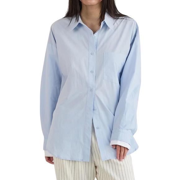 NEW MOD REF button down contrast sleeve shirt in light blue - Picture 1 of 4